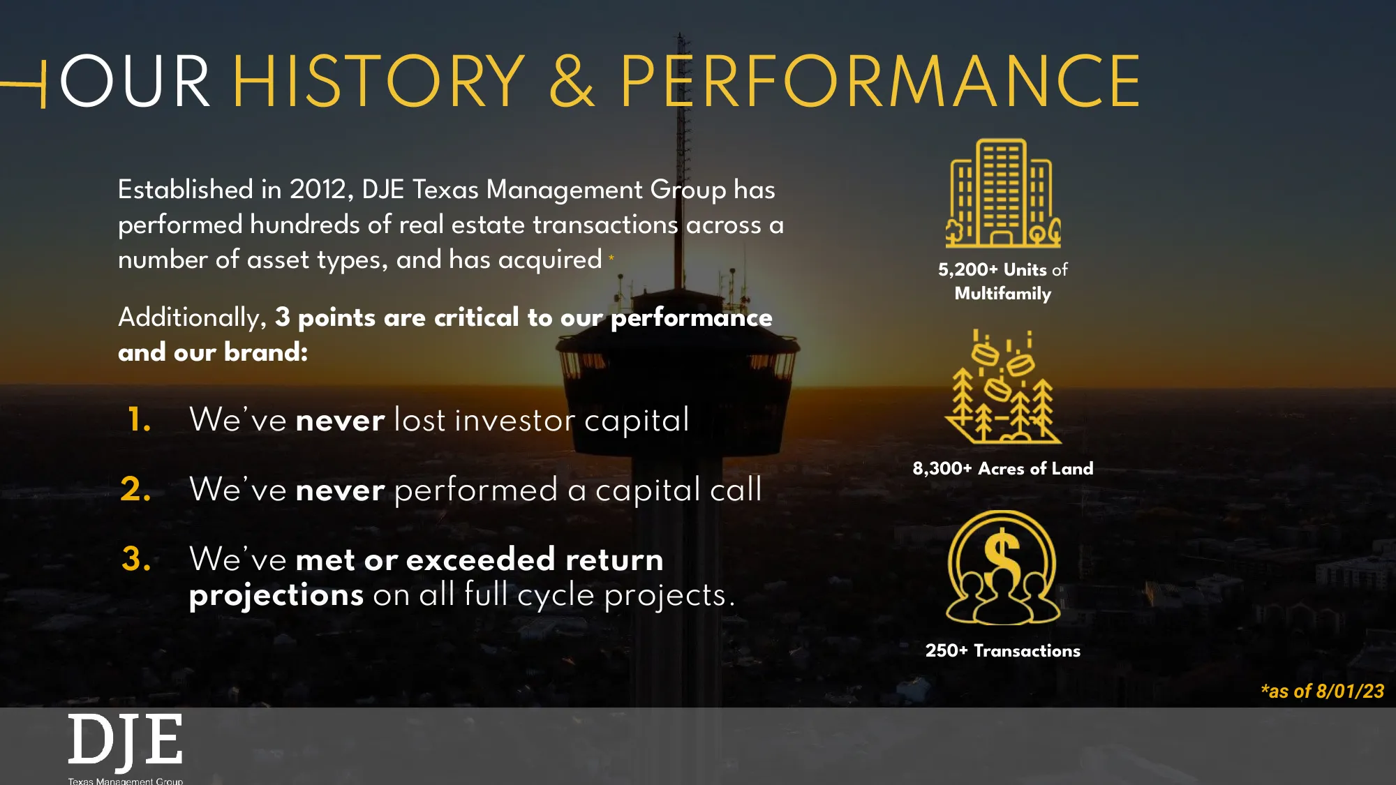 Click to enlarge — 345 Commerce Venture LLC PPM page 52 DJE Texas Management Group PPM page 52 — Our History and Performance — three claims: never lost investor capital, never performed capital call, met or exceeded return projections