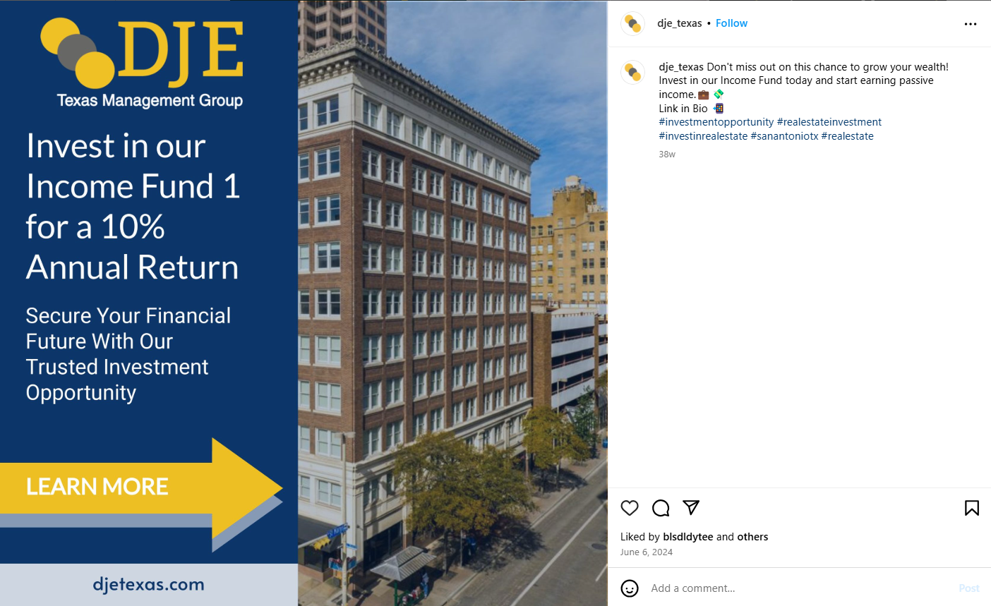 Click to enlarge DJE Texas Management Group Instagram post June 6 2024 advertising Income Fund 10% returns — Devin Elder wire fraud evidence
