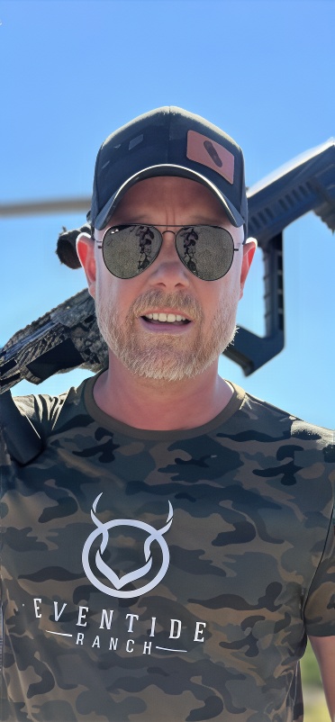Click to enlarge Devin Ward Elder hunting at Eventide Ranch South Texas — wearing Eventide Ranch camo shirt — purchased with DJE Texas investor funds