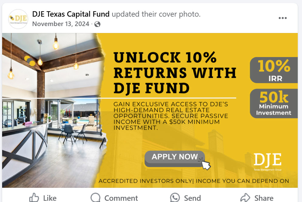 Click to enlarge DJE Texas Capital Fund Facebook ad — Devin Elder promising 10% IRR returns to investors while committing wire fraud
