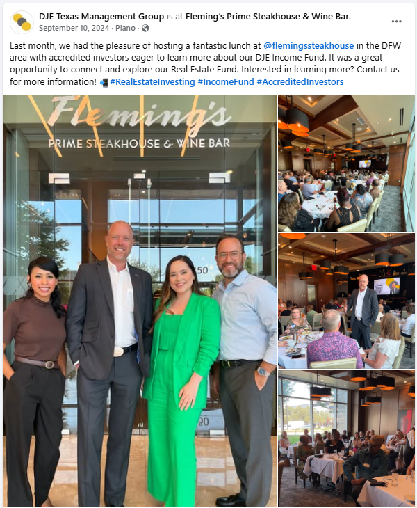 Click to enlarge Devin Elder at Fleming's Prime Steakhouse in Plano Texas recruiting elderly investors for DJE Income Fund in September 2024 while committing wire fraud