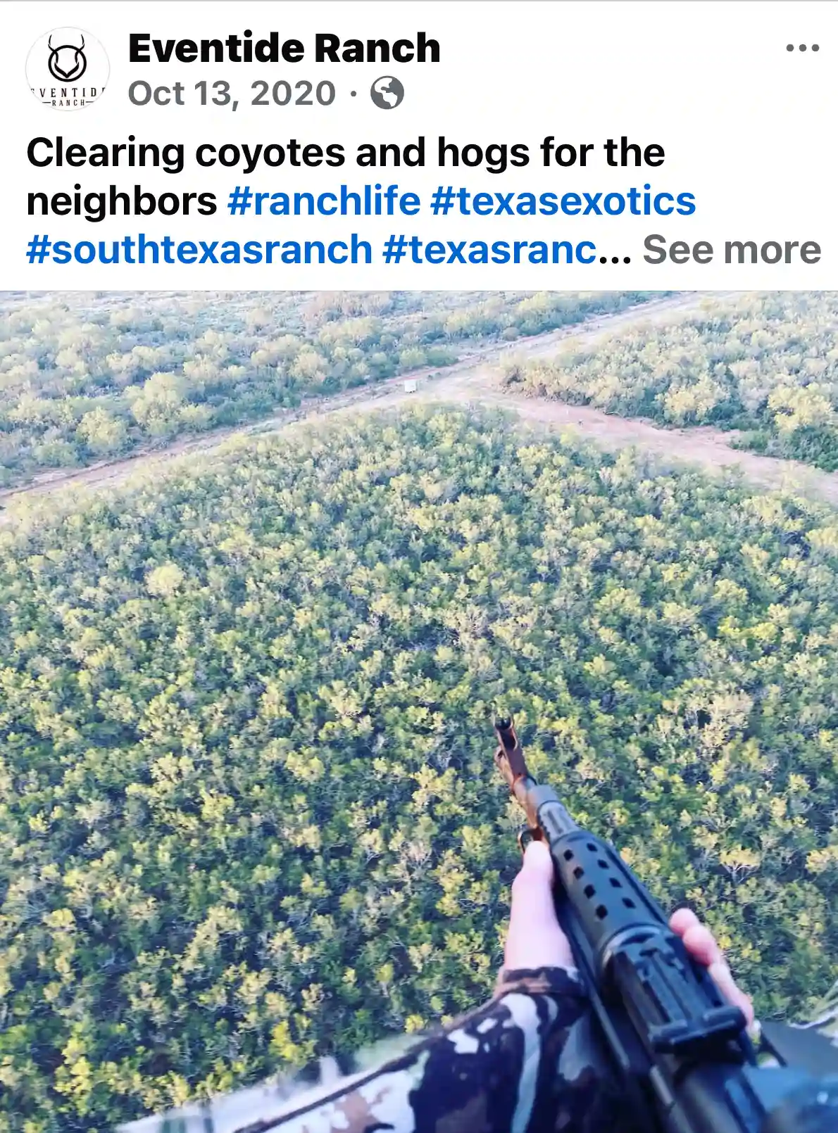 Click to enlarge Devin Elder aerial hog hunt from helicopter over Eventide Ranch South Texas — Oct 13 2020