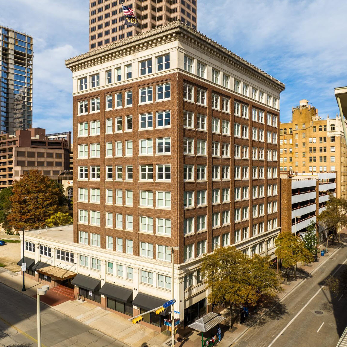 Click to enlarge Travis Building at 405 N. St. Mary's Street San Antonio Texas — historic 10-story building foreclosed after Devin Elder DJE Texas Management Group defaulted on $18.25M loan